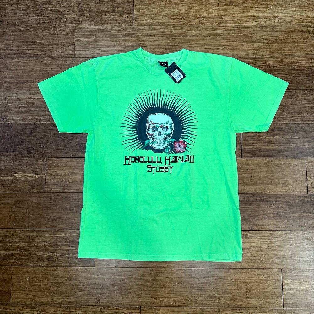 NEW Stussy Honolulu Skull Hawaii Lime Green Tee - Size Large